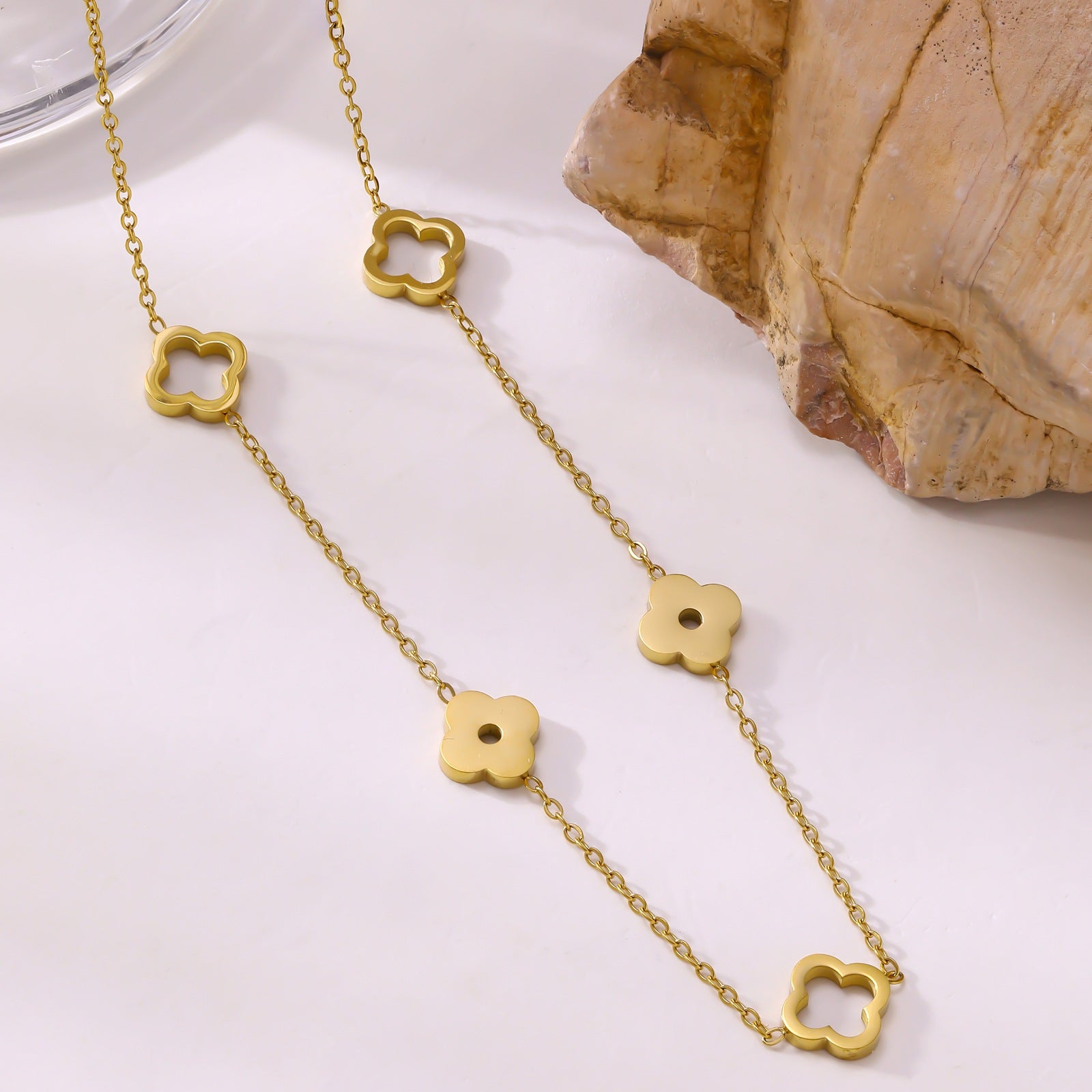 Four-Leaf Clover Long Hollow Necklace — Stainless Steel, 18K Gold, Trending