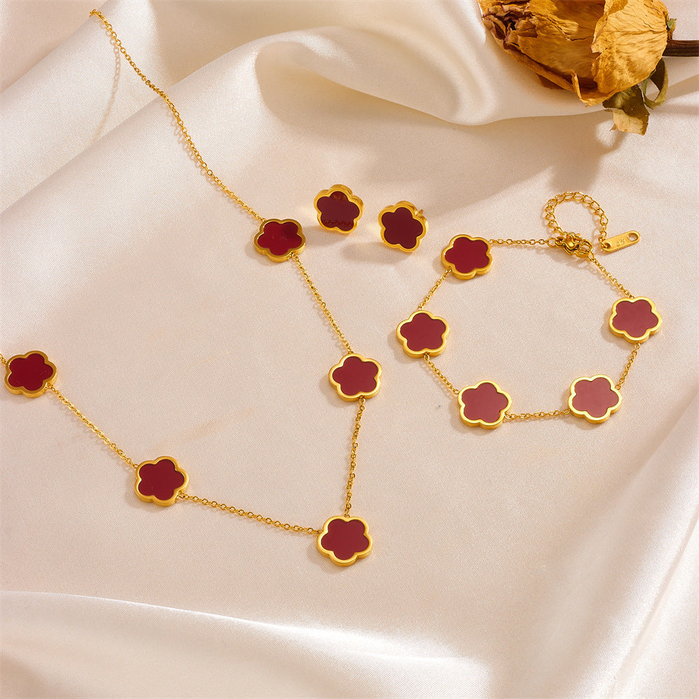 Five-Petal Flower Jewelry Set — Earrings & Bracelet & Necklace, Titanium Steel, 18K Gold