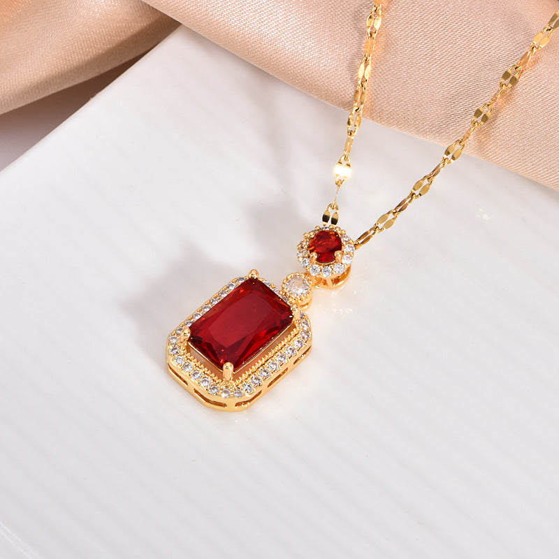Square Zircon Pendant Necklace — 18K Gold, Titanium Steel, Green/Red