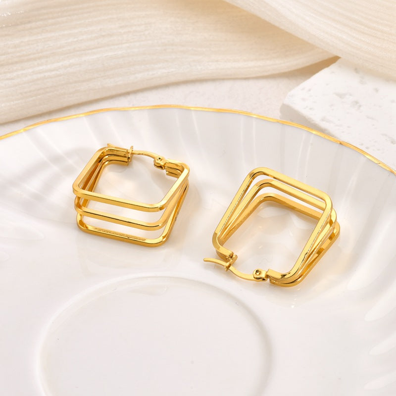 Geometric Multi-Layer Titanium Steel Hoop Earrings — 18K Gold Plated, Premium