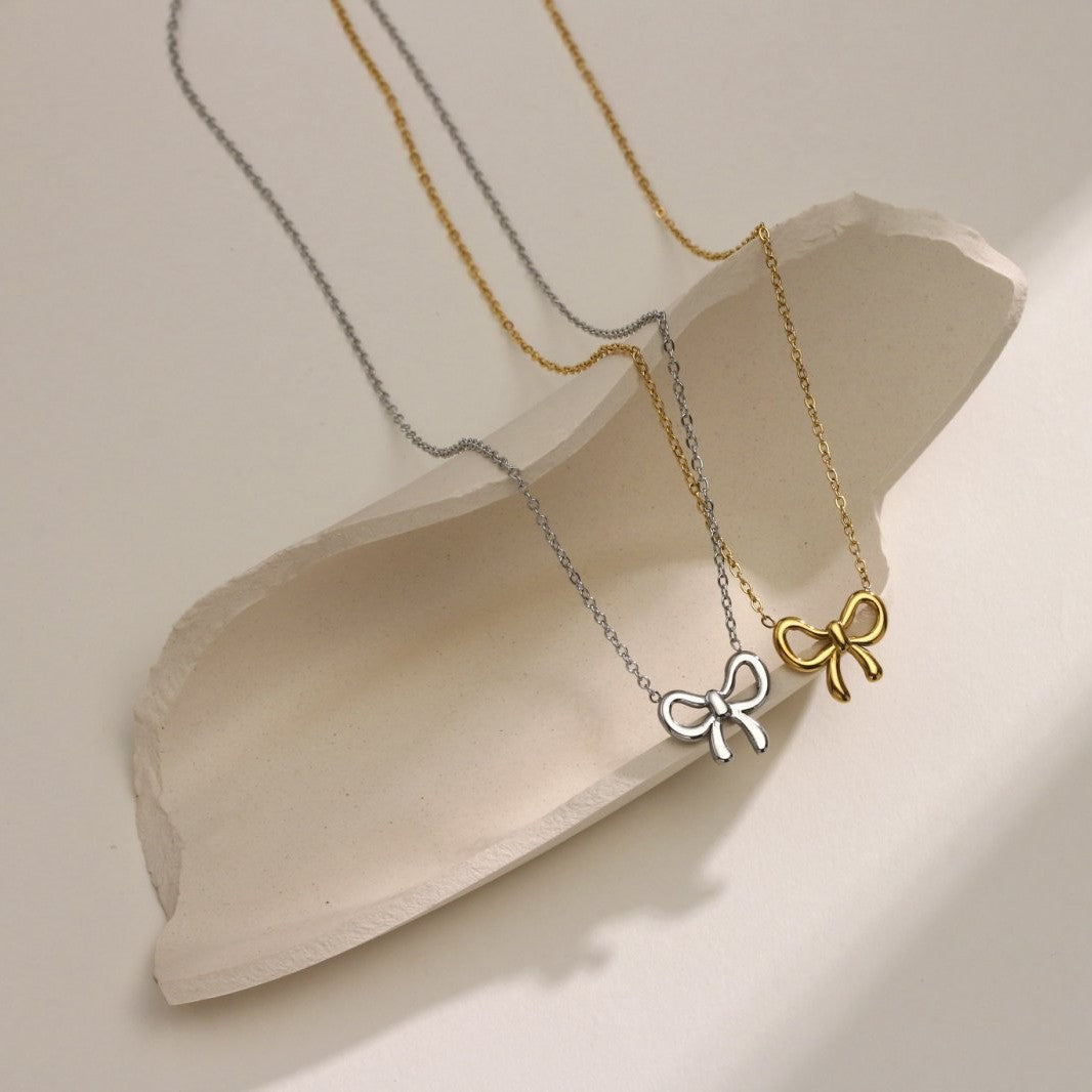 Butterfly Bow Pendant Knot Necklace — 18K Gold Plated, Minimalist Collarbone Chain