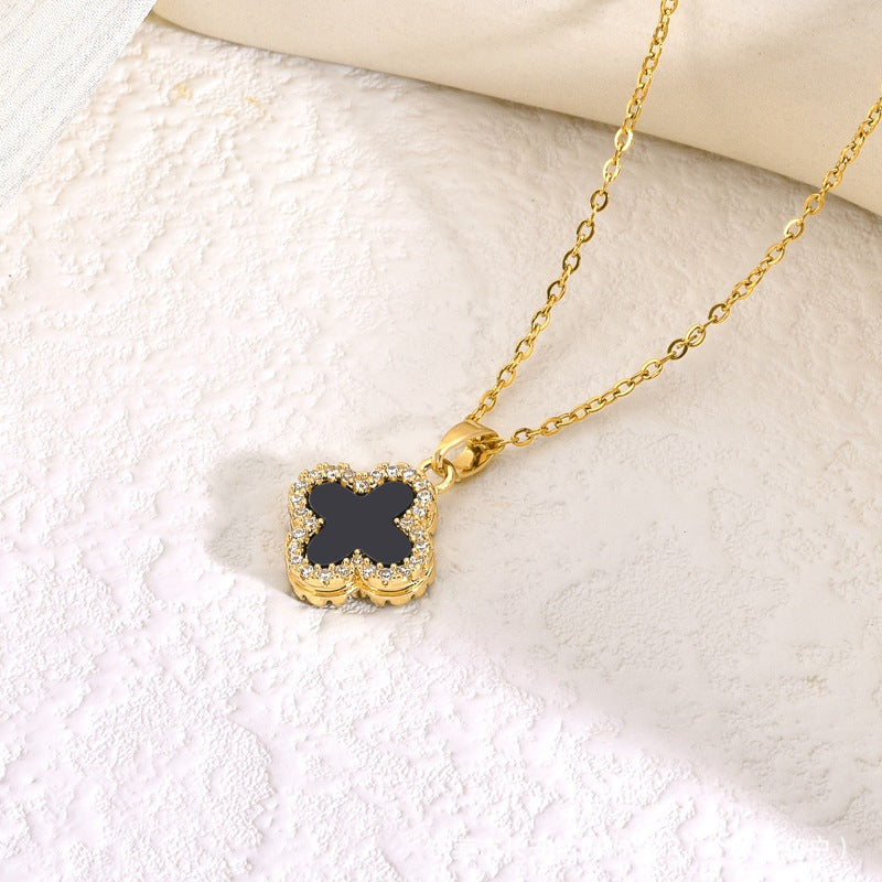 Black & White Reversible Four-Leaf Clover Necklace — Titanium Steel, Zircon, 2-in-1