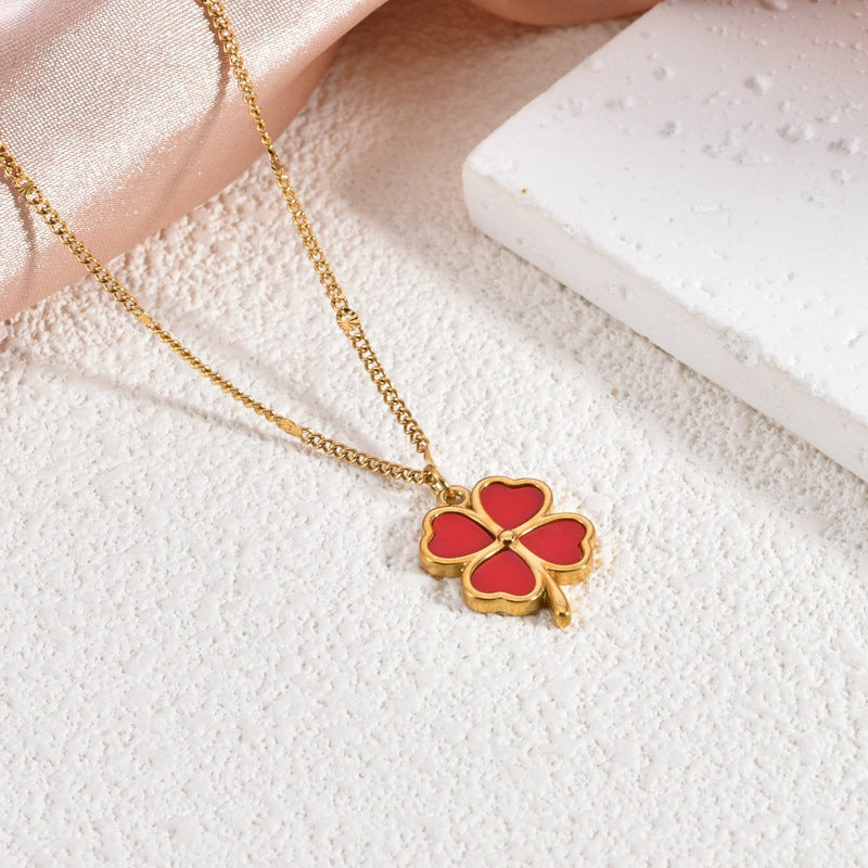 Lucky Four-Leaf Clover White Shell Necklace — Titanium Steel, 18K Gold Plated