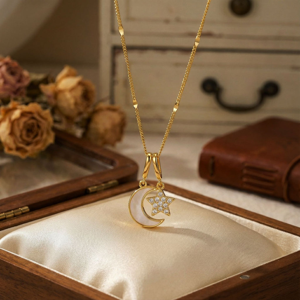 Moon & Star Pendant Necklace — Titanium Steel, 18K Gold, Light Luxury Collarbone Chain