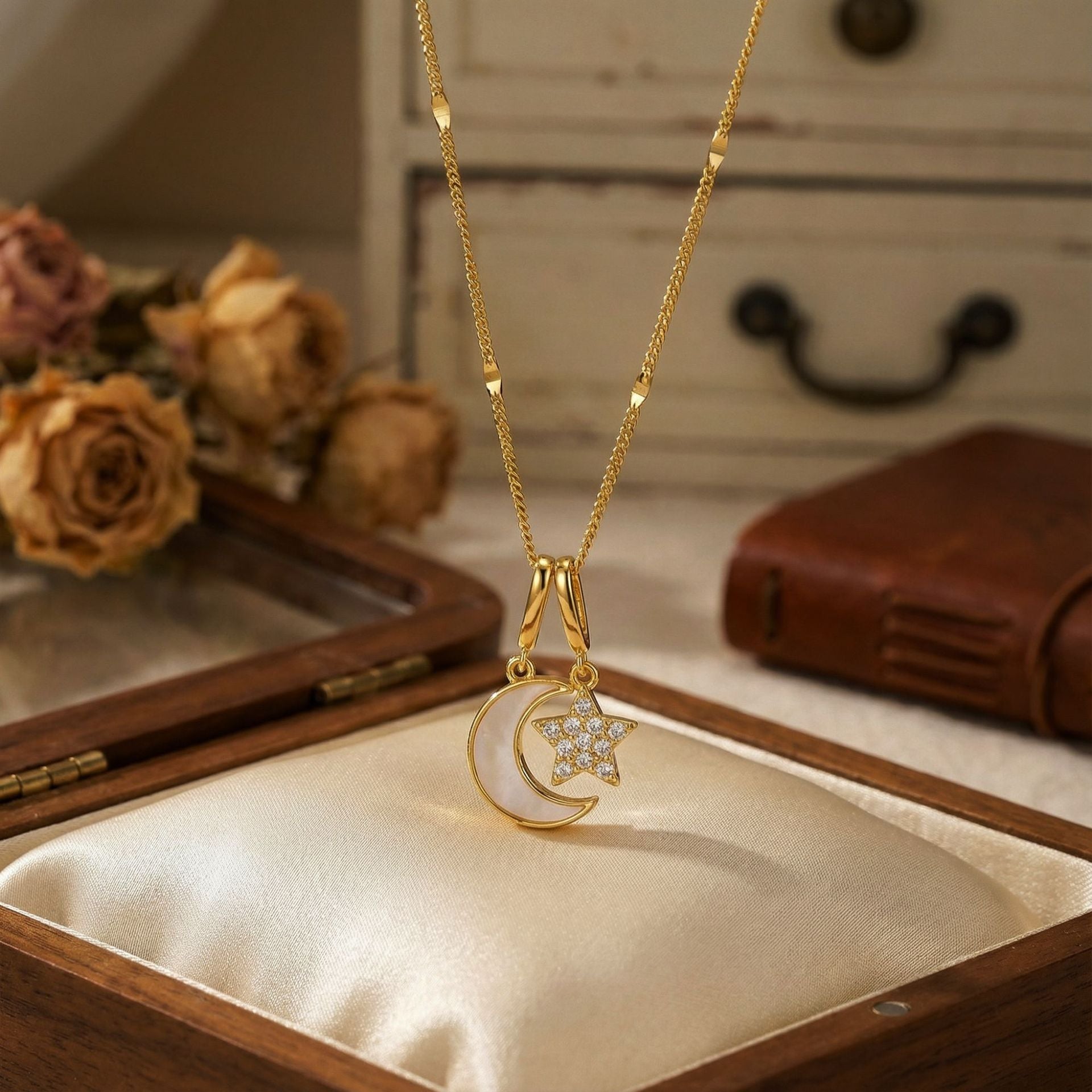 Moon & Star Pendant Necklace — Titanium Steel, 18K Gold, Light Luxury Collarbone Chain