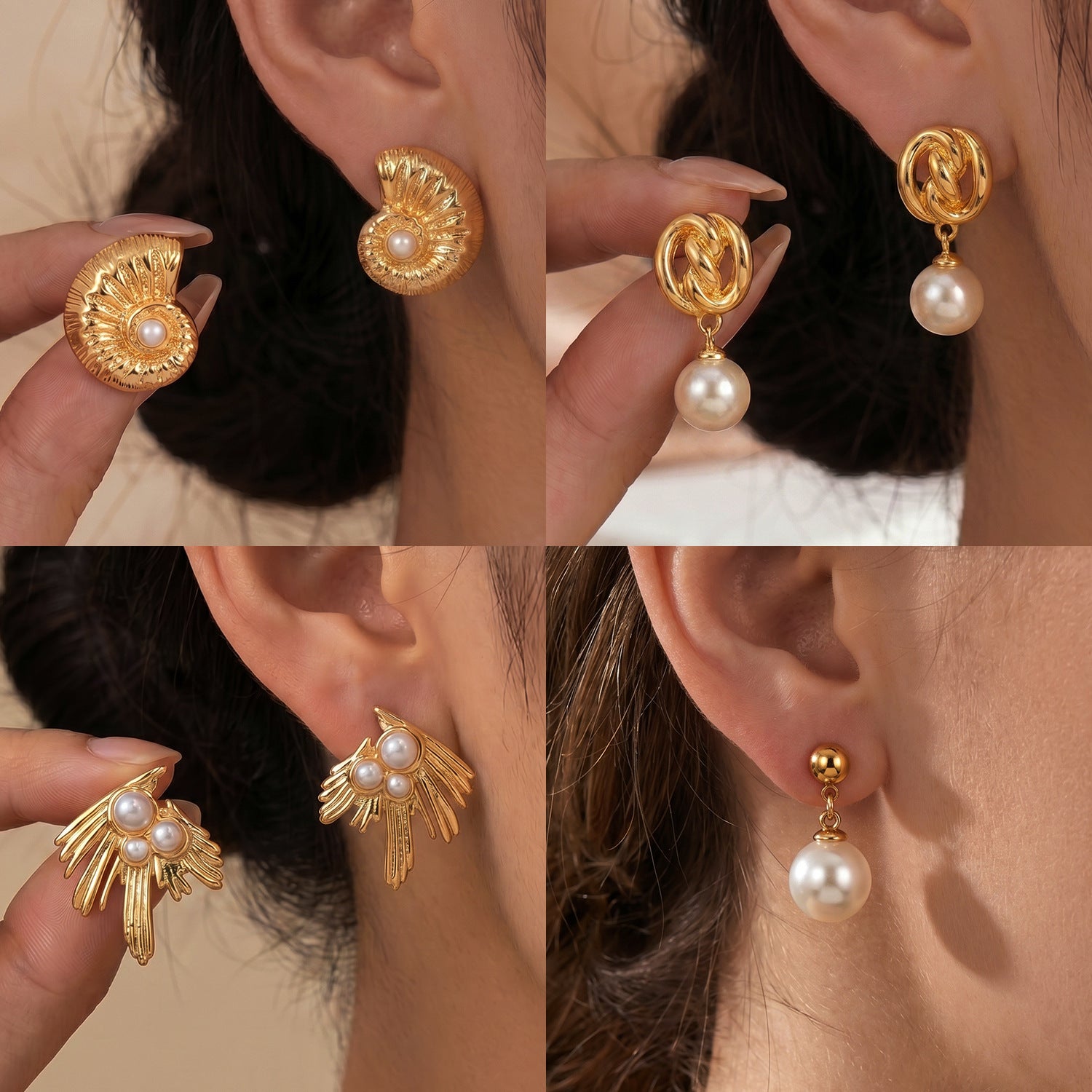 French Light Luxury Pearl Stud Earrings — 18K Gold Stainless Steel