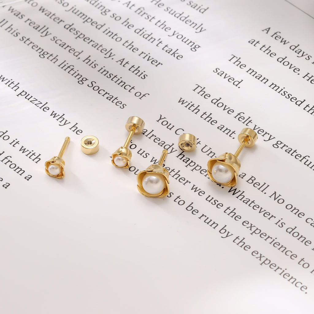 Rose & Pearl Screw-Back Stud Earrings — 304 Stainless Steel, 18K Gold Plated