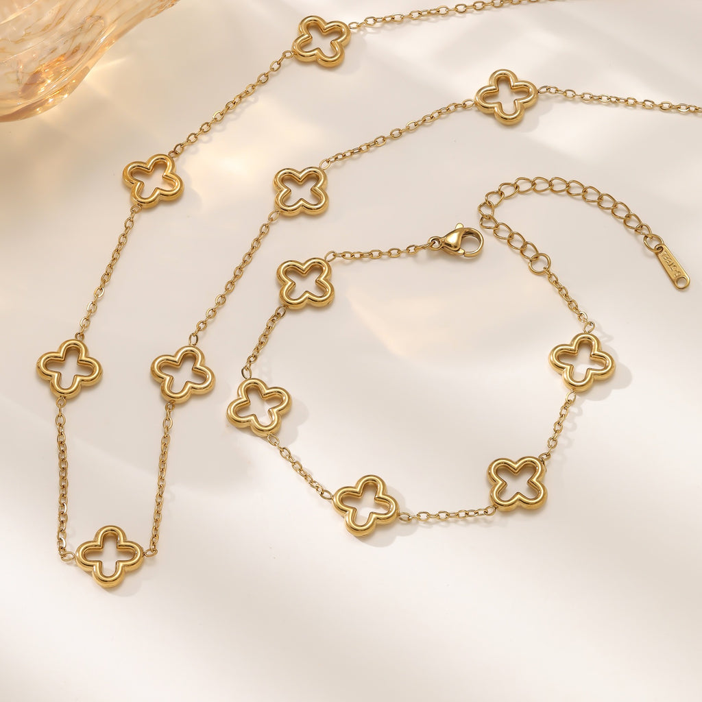 Four-Leaf Clover Necklace & Bracelet Set — Titanium Steel, 18K Gold Plated