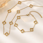Four-Leaf Clover Necklace & Bracelet Set — Titanium Steel, 18K Gold Plated