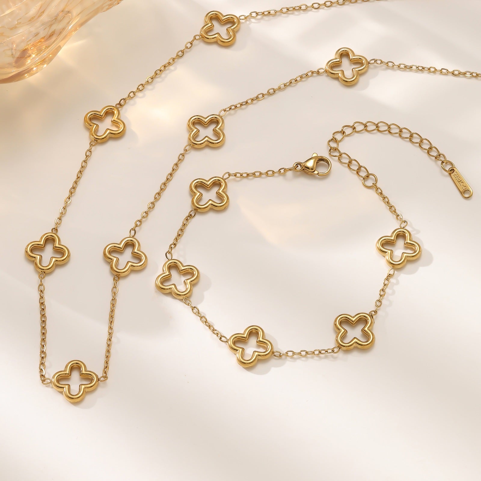 Four-Leaf Clover Necklace & Bracelet Set — Titanium Steel, 18K Gold Plated