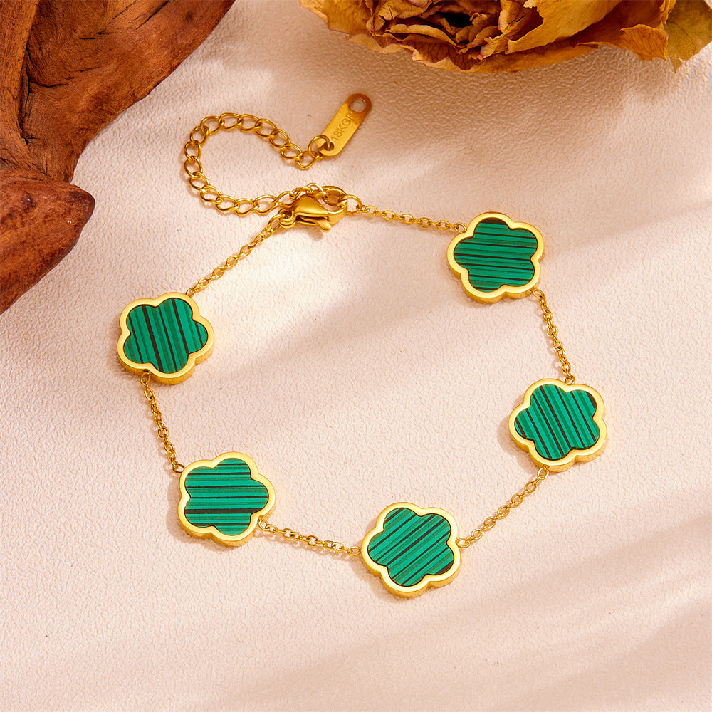 Five-Petal Flower Jewelry Set — Earrings & Bracelet & Necklace, Titanium Steel, 18K Gold