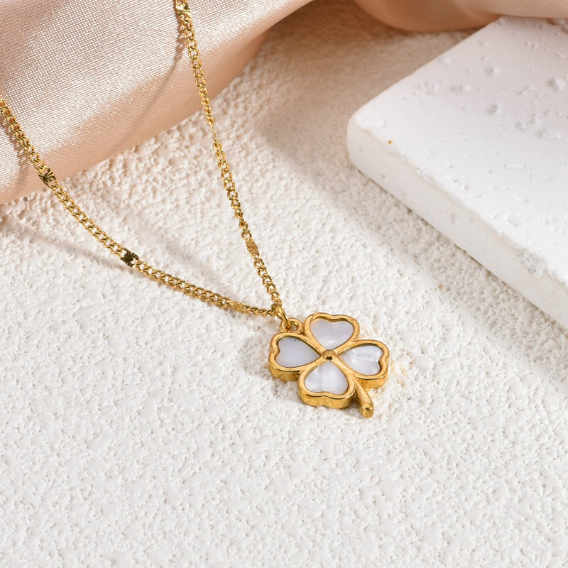 Lucky Four-Leaf Clover White Shell Necklace — Titanium Steel, 18K Gold Plated