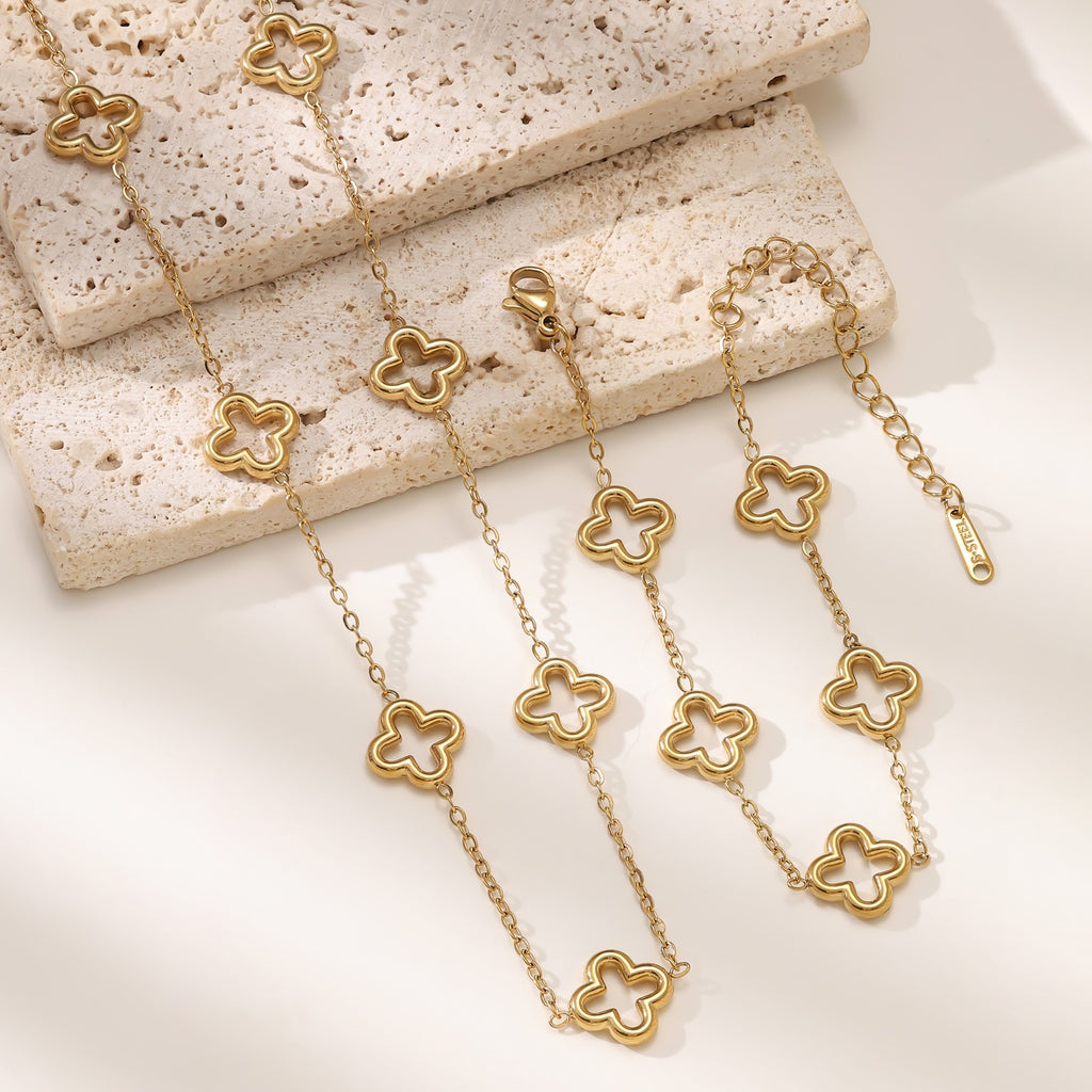 Four-Leaf Clover Necklace & Bracelet Set — Titanium Steel, 18K Gold Plated