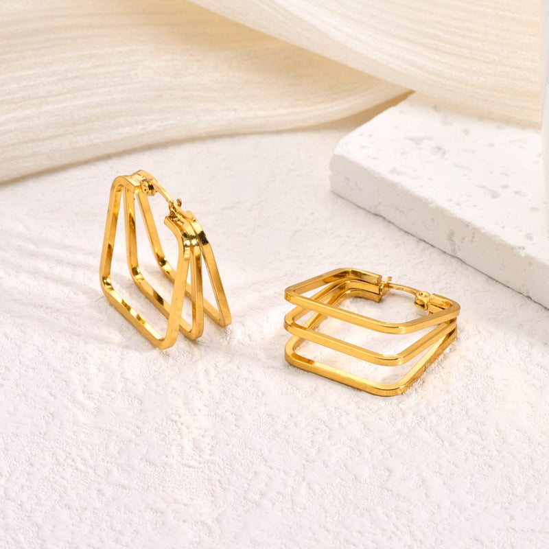 Geometric Multi-Layer Titanium Steel Hoop Earrings — 18K Gold Plated, Premium