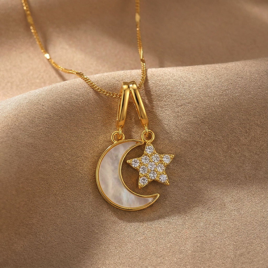 Moon & Star Pendant Necklace — Titanium Steel, 18K Gold, Light Luxury Collarbone Chain