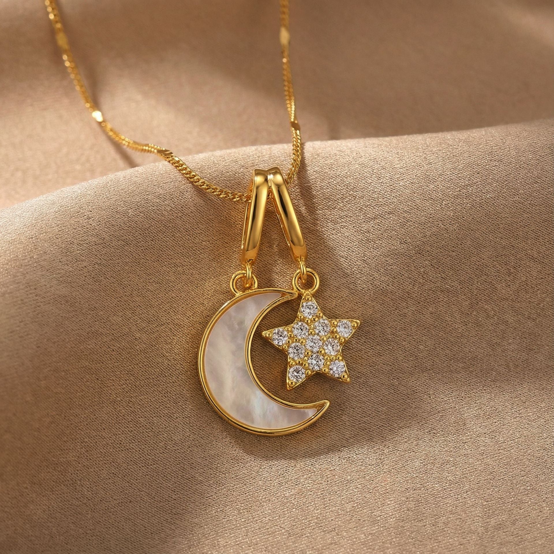Moon & Star Pendant Necklace — Titanium Steel, 18K Gold, Light Luxury Collarbone Chain