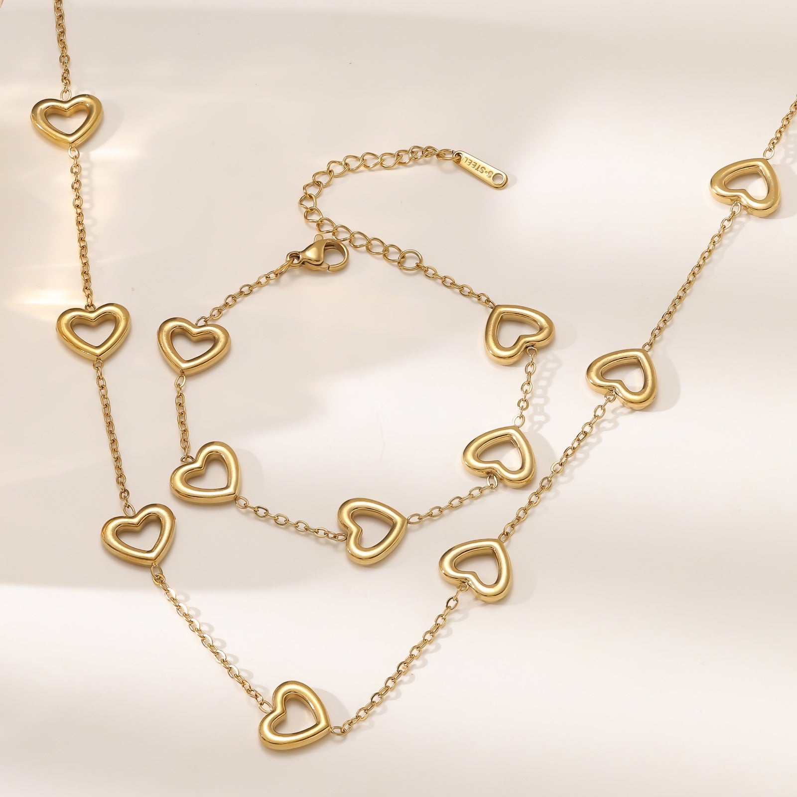 Heart Motif Necklace & Bracelet Set — Titanium Steel, 18K Gold Plated, Fade-Resistant