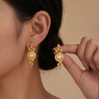French Pearl & Bow Irregular Stud Earrings — Stainless Steel, Shell & Flower Motif