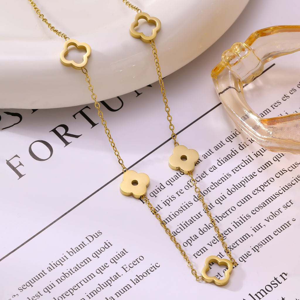 Four-Leaf Clover Long Hollow Necklace — Stainless Steel, 18K Gold, Trending