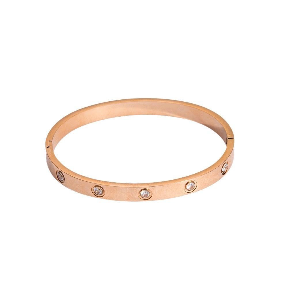 Ten-Stone Diamond Bangle Bracelet — Stainless Steel, 18K Gold Plated, Clasp Closure