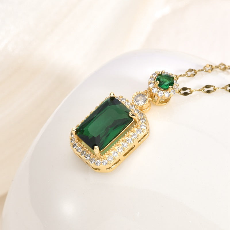 Square Zircon Pendant Necklace — 18K Gold, Titanium Steel, Green/Red