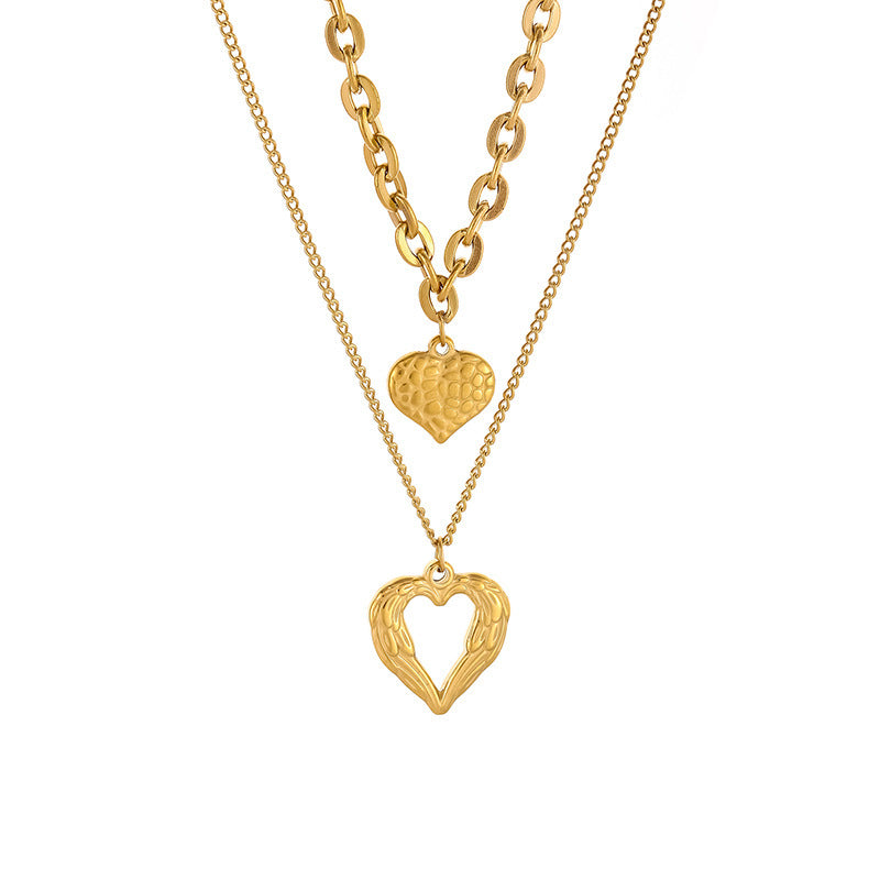 Openwork Heart Pendant Necklace — Titanium Steel, Vintage Multi-Layer, 18K Gold