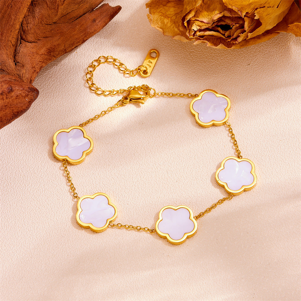 Five-Petal Flower Jewelry Set — Earrings & Bracelet & Necklace, Titanium Steel, 18K Gold