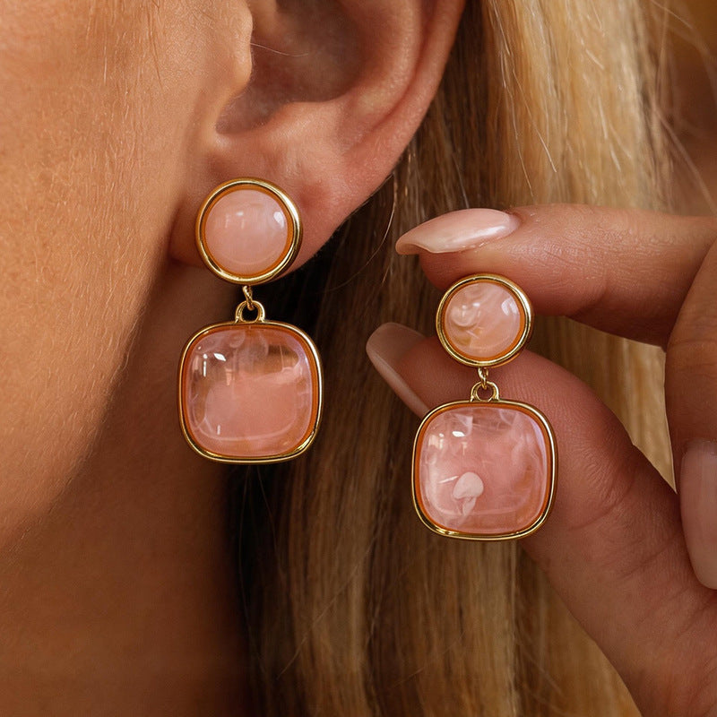 Square Sugar Resin Geometric Stud Earrings — Stainless Steel, Chic & Minimal