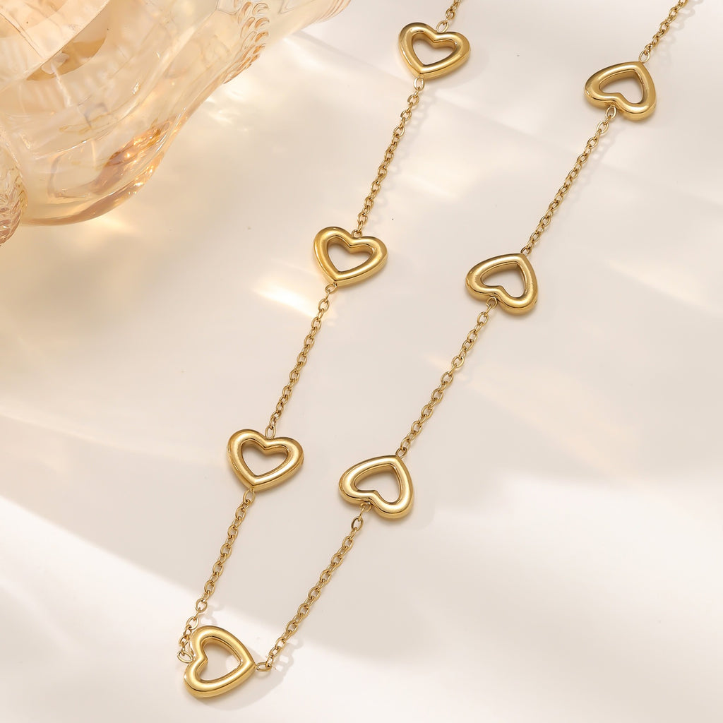 Heart Motif Necklace & Bracelet Set — Titanium Steel, 18K Gold Plated, Fade-Resistant