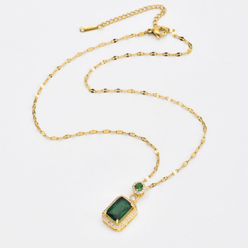 Square Zircon Pendant Necklace — 18K Gold, Titanium Steel, Green/Red