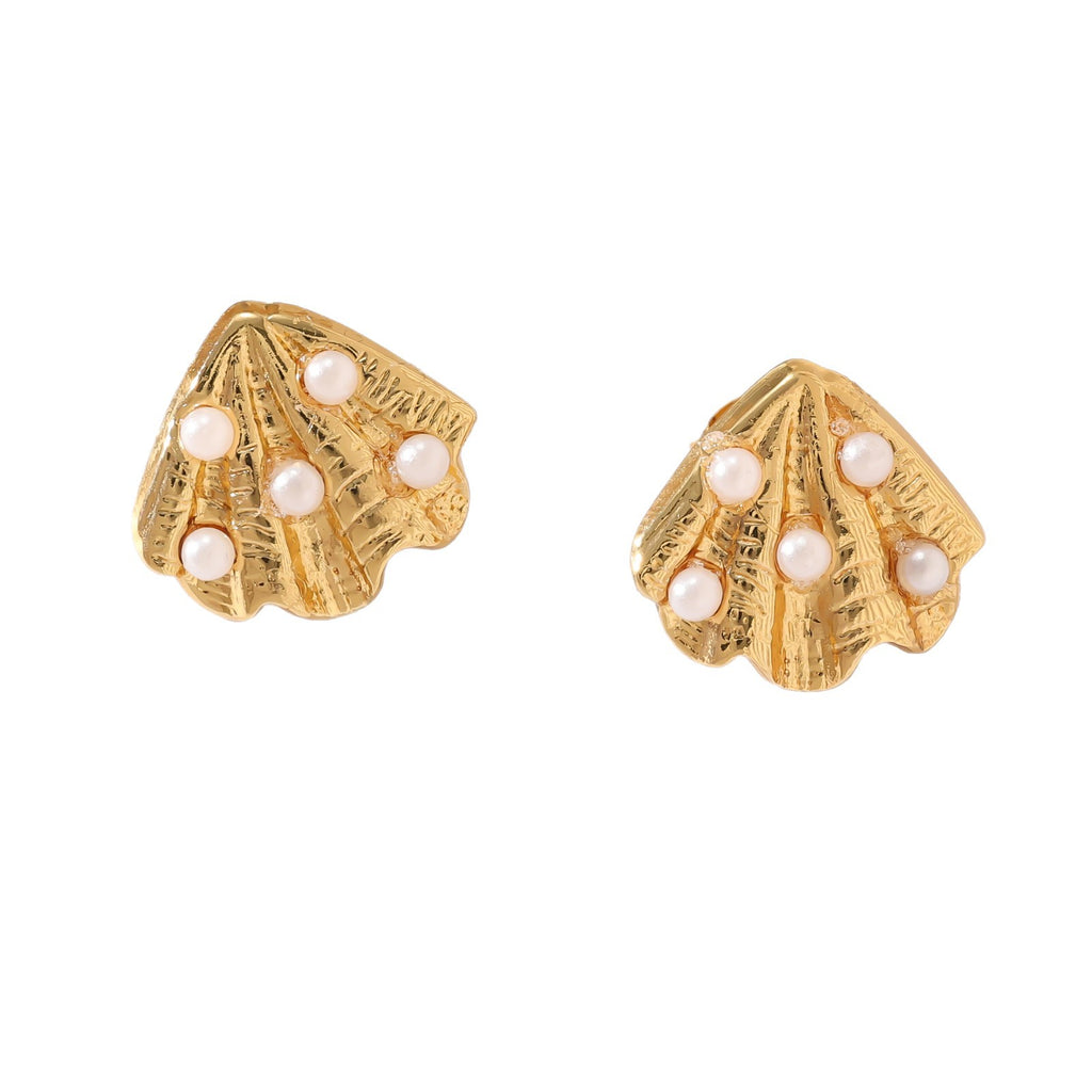 French Pearl & Bow Irregular Stud Earrings — Stainless Steel, Shell & Flower Motif