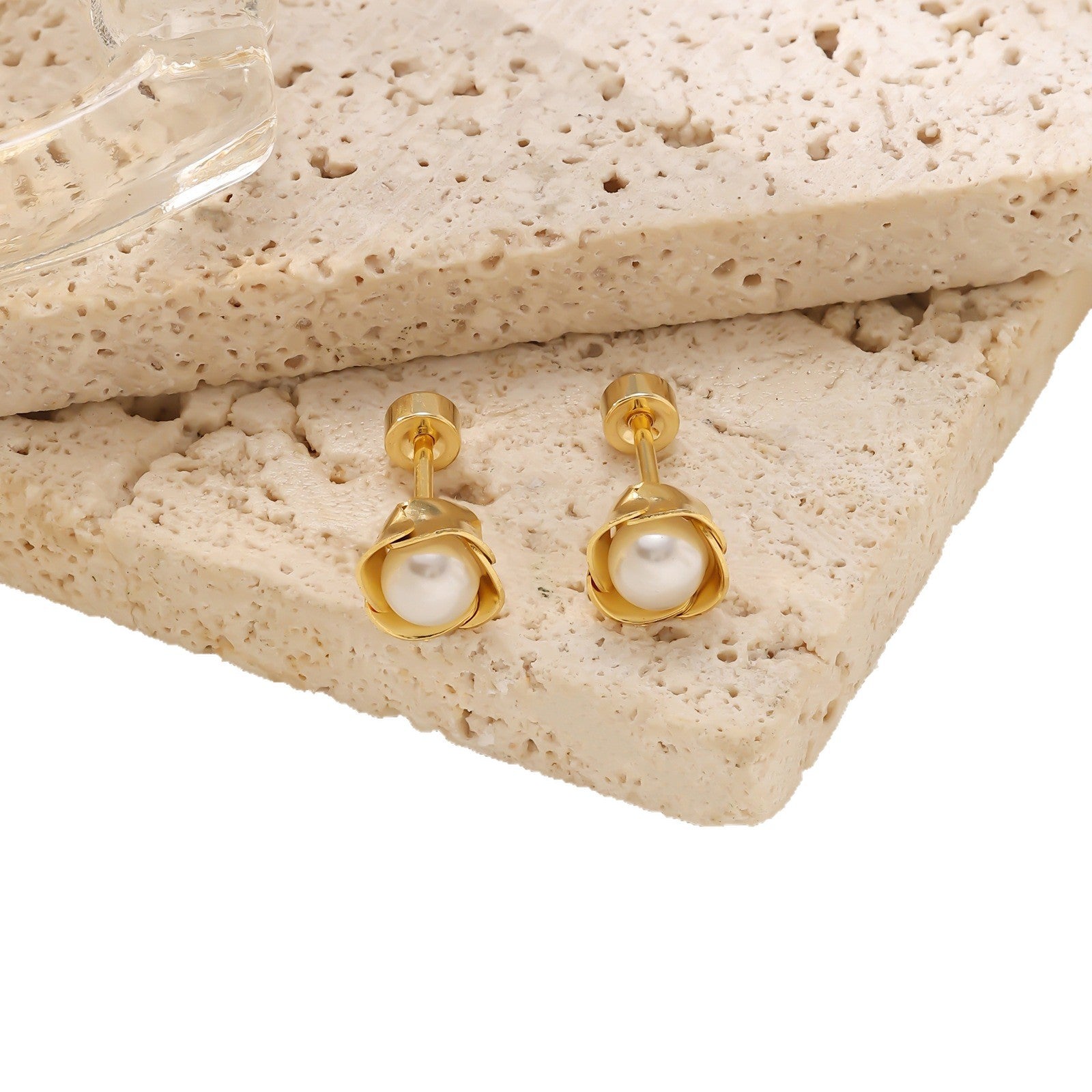 Rose & Pearl Screw-Back Stud Earrings — 304 Stainless Steel, 18K Gold Plated
