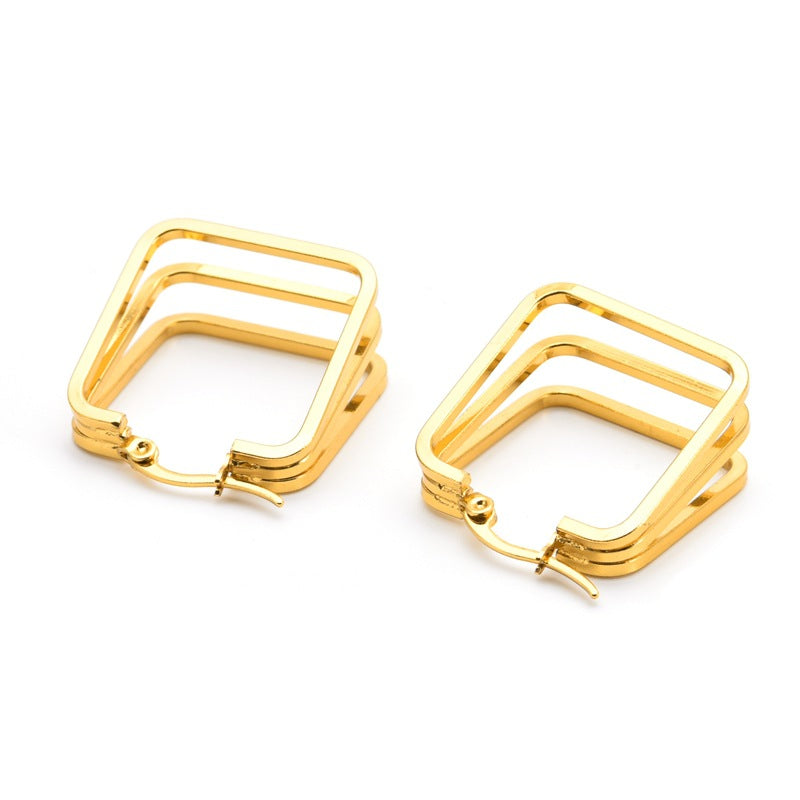 Geometric Multi-Layer Titanium Steel Hoop Earrings — 18K Gold Plated, Premium