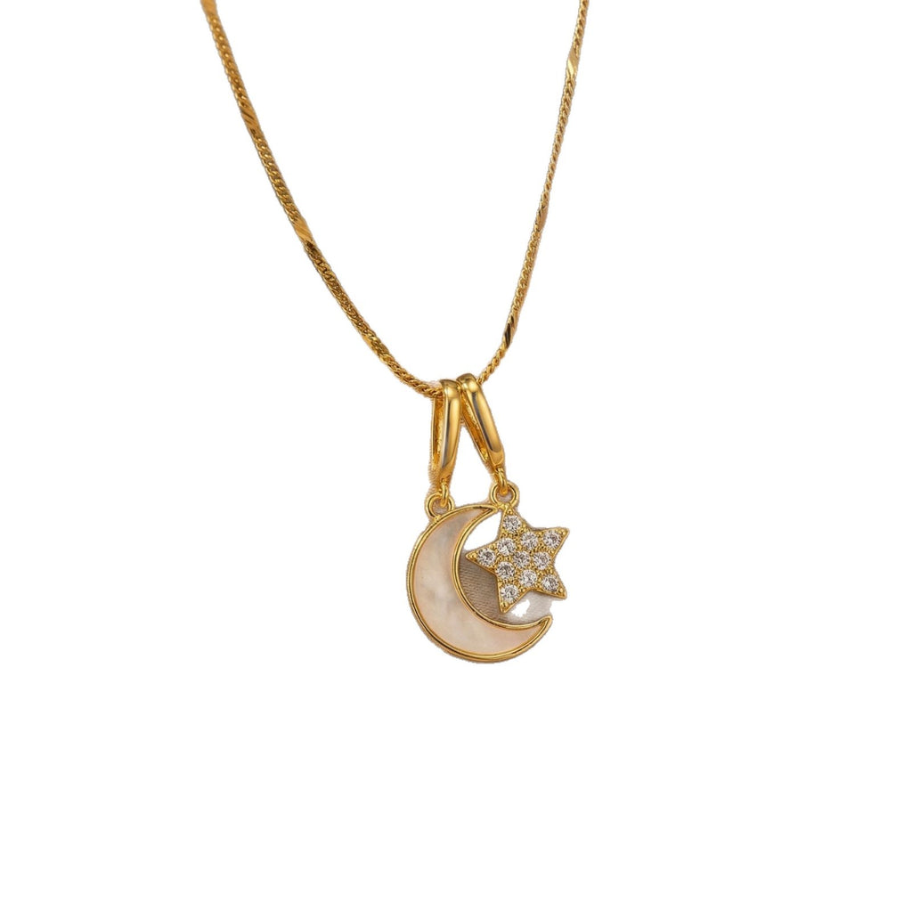 Moon & Star Pendant Necklace — Titanium Steel, 18K Gold, Light Luxury Collarbone Chain