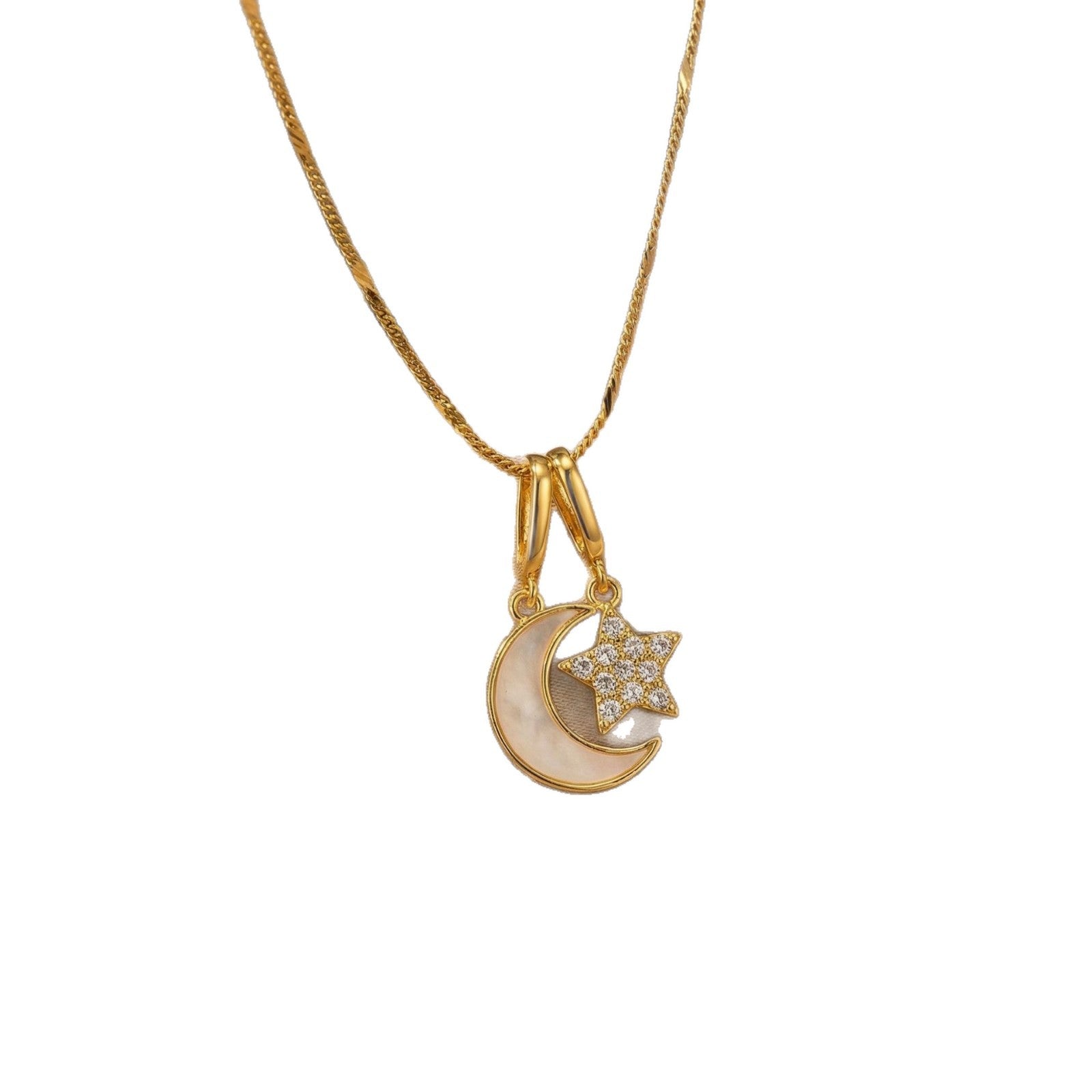 Moon & Star Pendant Necklace — Titanium Steel, 18K Gold, Light Luxury Collarbone Chain