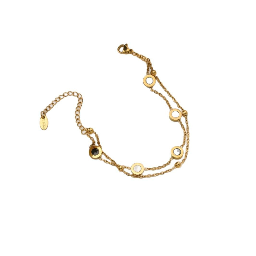 Heart Four-Leaf Clover Round Pendant Double-Layer Bracelet — Titanium Steel, 18K Gold