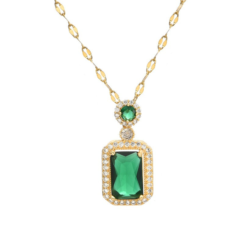 Square Zircon Pendant Necklace — 18K Gold, Titanium Steel, Green/Red