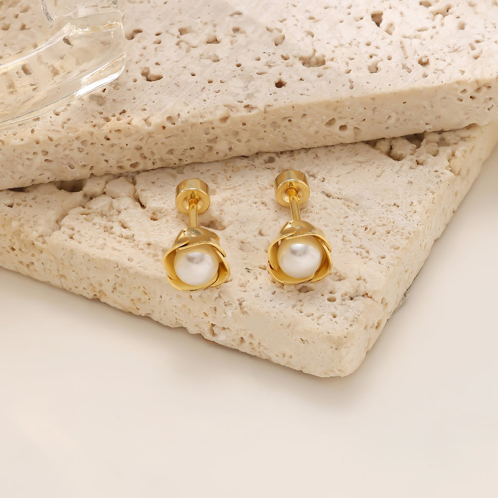 Rose & Pearl Screw-Back Stud Earrings — 304 Stainless Steel, 18K Gold Plated
