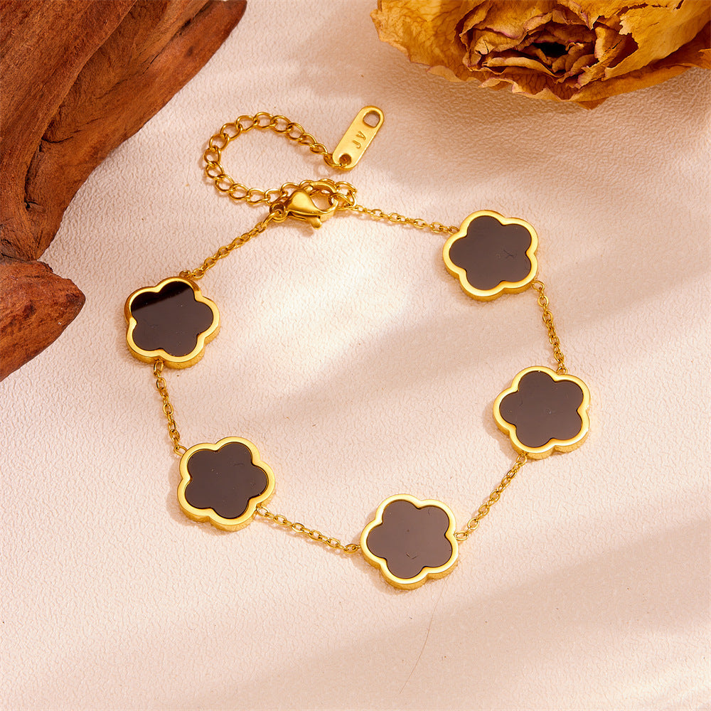 Five-Petal Flower Jewelry Set — Earrings & Bracelet & Necklace, Titanium Steel, 18K Gold