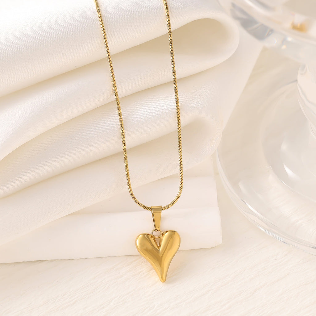 Cross Heart Drop Pendant Necklace — Titanium Steel, Snake-Bone Chain, Collarbone