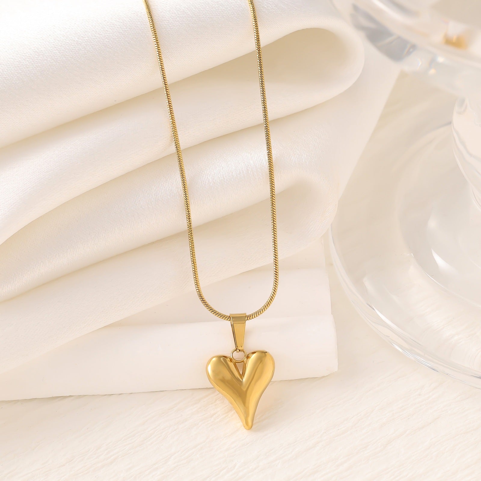 Cross Heart Drop Pendant Necklace — Titanium Steel, Snake-Bone Chain, Collarbone