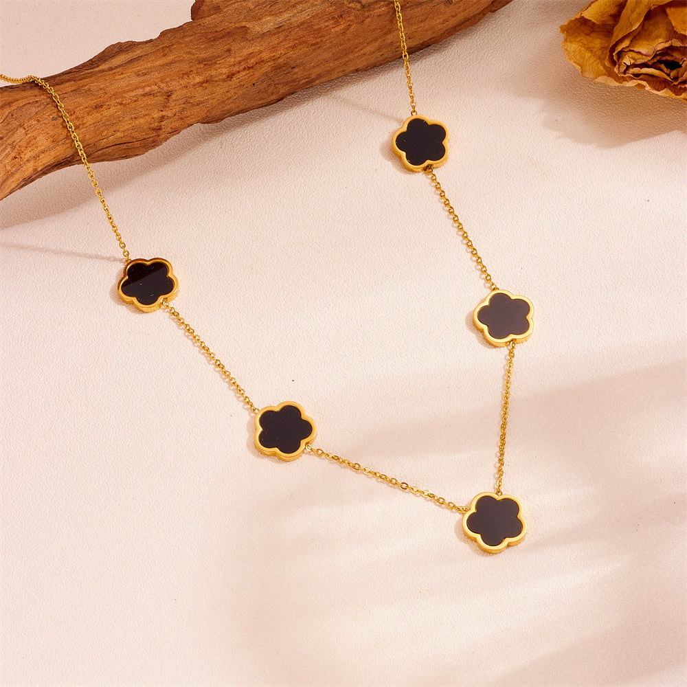 Five-Petal Flower Jewelry Set — Earrings & Bracelet & Necklace, Titanium Steel, 18K Gold