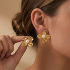 French Pearl & Bow Irregular Stud Earrings — Stainless Steel, Shell & Flower Motif