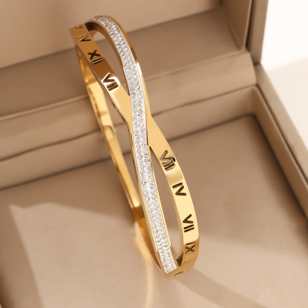 Zircon Crystal Titanium Steel Bracelet — 18K Gold Plated, Light Luxury