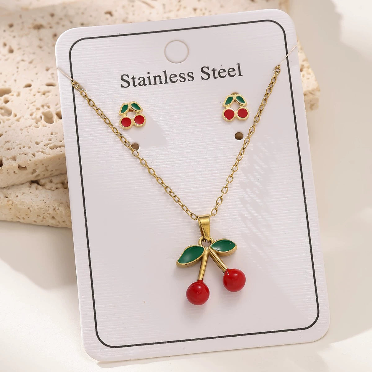 Cherry O-Chain Pendant Choker Necklace & Earrings Set — 18K Gold Plated Stainless Steel