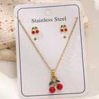 Cherry O-Chain Pendant Choker Necklace & Earrings Set — 18K Gold Plated Stainless Steel