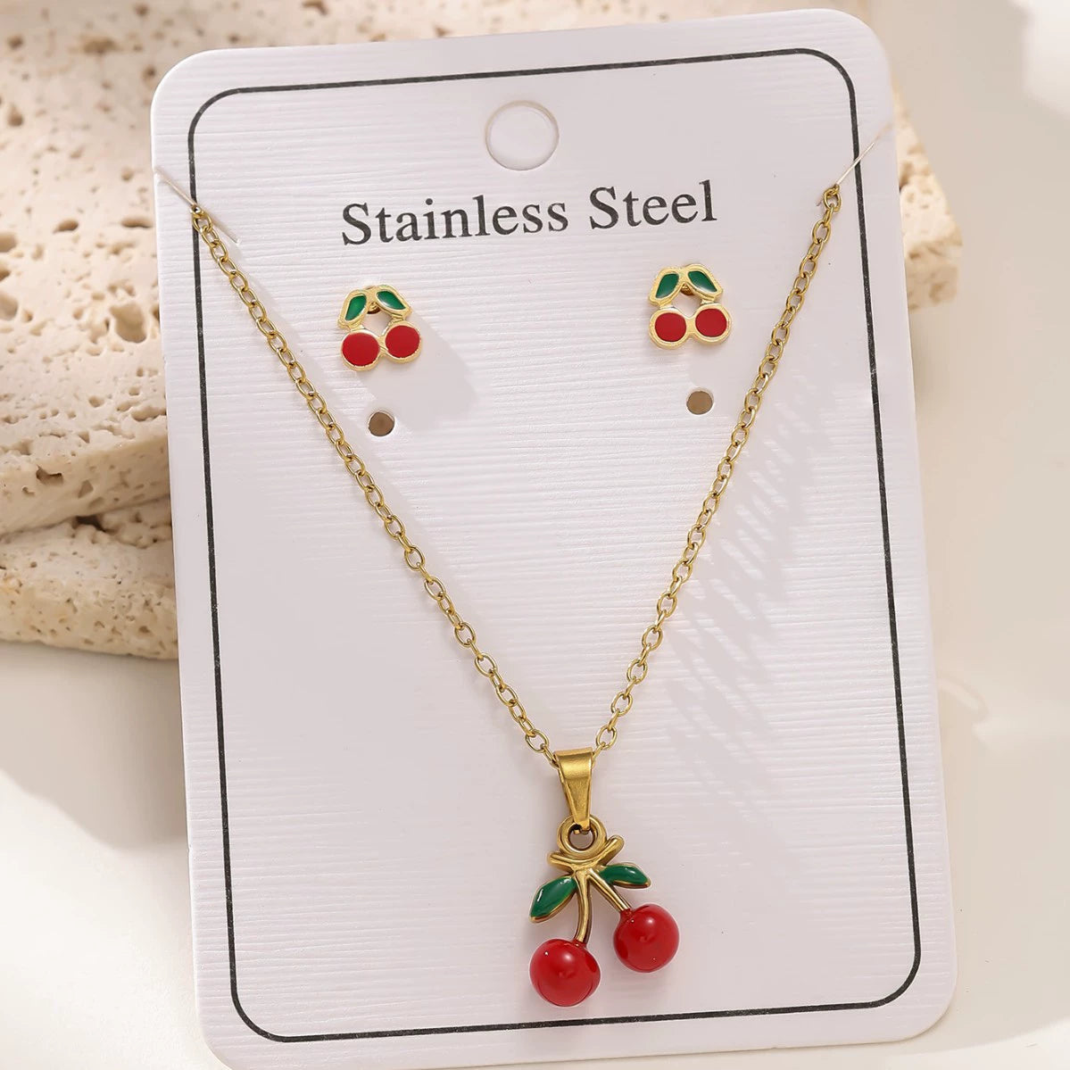 Cherry O-Chain Pendant Choker Necklace & Earrings Set — 18K Gold Plated Stainless Steel