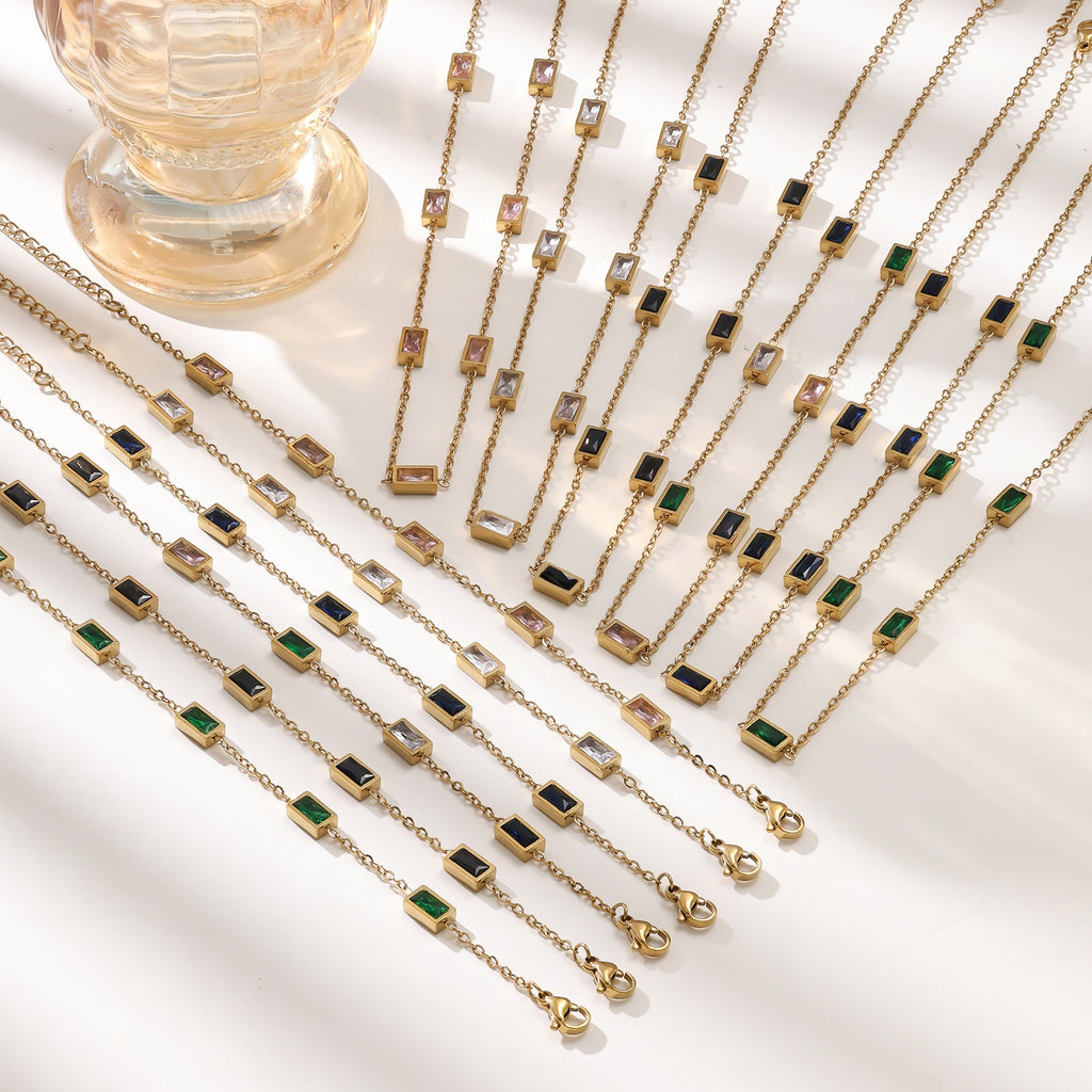 Geometric Rectangle Zirconia 304 Stainless Steel Jewelry Set — Retro Choker Style