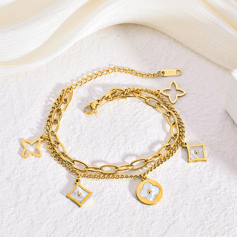 Four-Leaf Clover White Shell Bracelet — 18K Gold Plated Titanium Steel