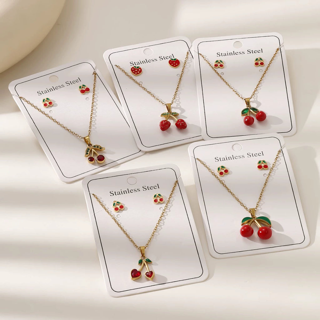 Cherry O-Chain Pendant Choker Necklace & Earrings Set — 18K Gold Plated Stainless Steel
